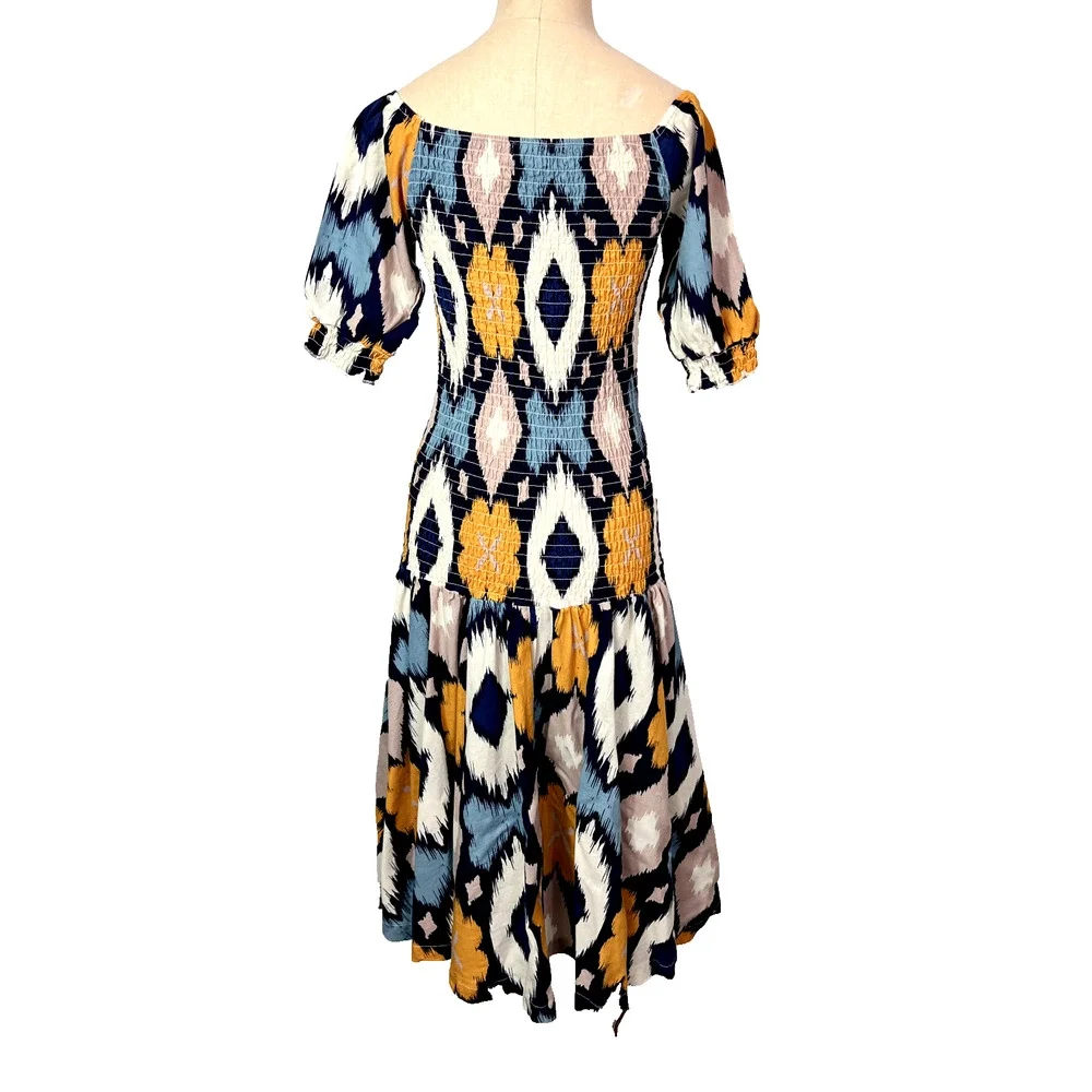Midnight Velvet Dress Women M Blue Geometric Summer Vacation Cruise Smocked Midi